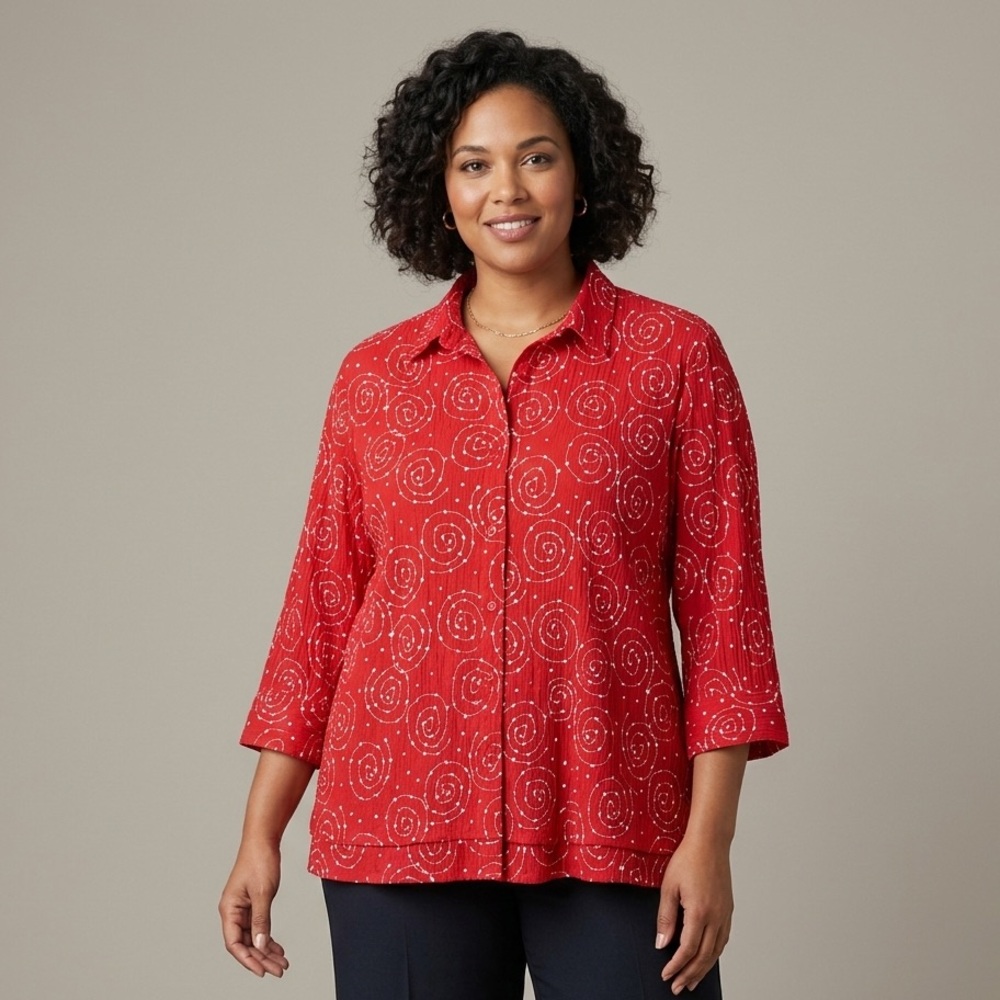 Christoper & Banks Red with White Embroidery 3/4 Sleeve Button Down Top Sz‎ M